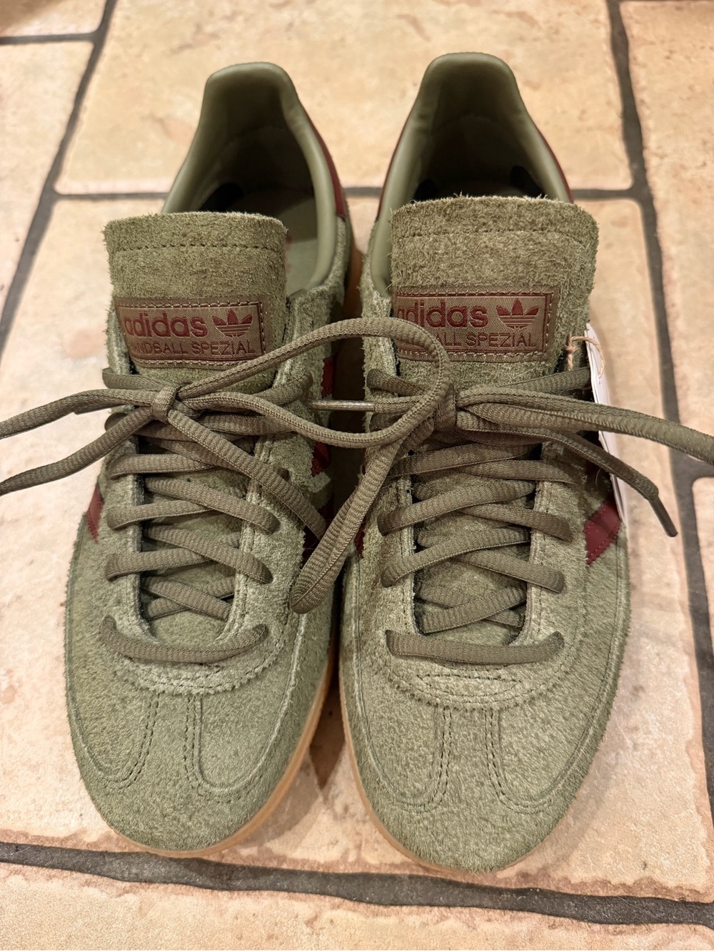 adidas Spezial Olive Green Suede Sneakers with Maroon Stripe